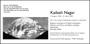 Traueranzeige von Kailash Nagar von Gmünder Tagespost