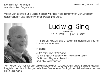 Traueranzeige von Ludwig Sing