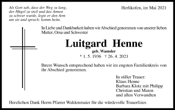 Traueranzeige von Luitgard Henne von Gmünder Tagespost