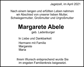 Traueranzeige von Margarete Abele von Schwäbische Post