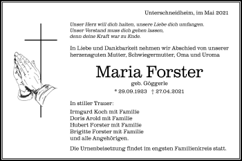 Traueranzeige von Maria Forster von Schwäbische Post