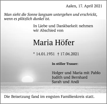 Traueranzeige von Maria Höfer von Schwäbische Post