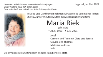 Traueranzeige von Maria Riek von Schwäbische Post