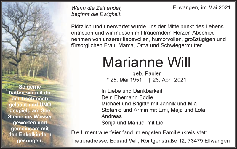  Traueranzeige für Marianne Will vom 10.05.2021 aus Schwäbische Post