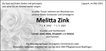 Traueranzeige von Melitta Zink von Schwäbische Post