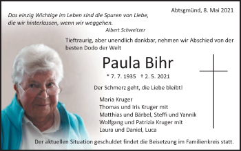 Traueranzeige von Paula Bihr von Schwäbische Post