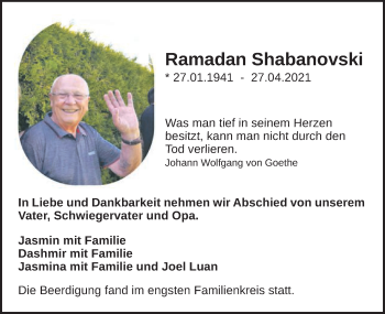 Traueranzeige von Ramadan Shabanovski von Schwäbische Post