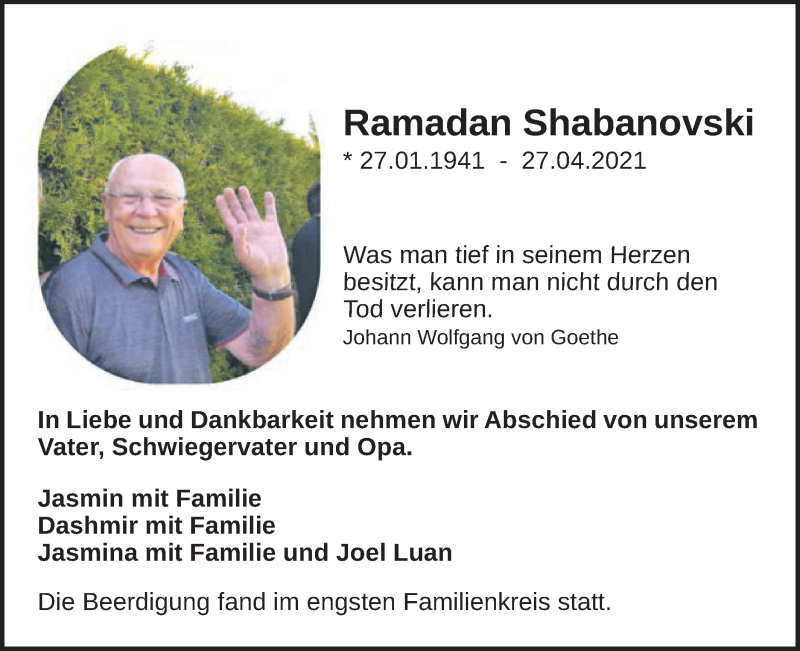  Traueranzeige für Ramadan Shabanovski vom 04.05.2021 aus Schwäbische Post
