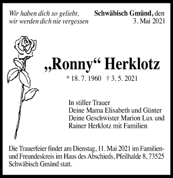 Traueranzeige von Ronny Herklotz von Gmünder Tagespost