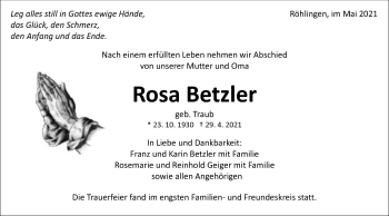 Traueranzeige von Rosa Betzler von Schwäbische Post