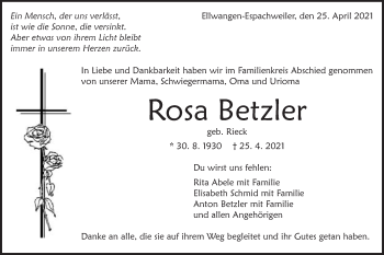 Traueranzeige von Rosa Betzler von Schwäbische Post