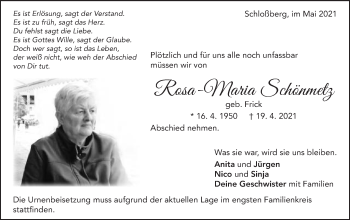 Traueranzeige von Rosa-Maria Schönmetz von Schwäbische Post