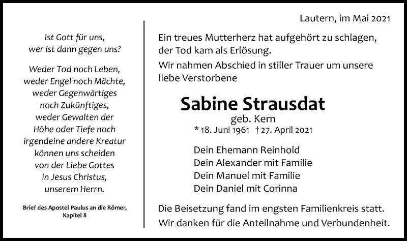  Traueranzeige für Sabine Strausdat vom 06.05.2021 aus Gmünder Tagespost