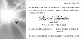 Traueranzeige von Sigrid Schaber von Schwäbische Post