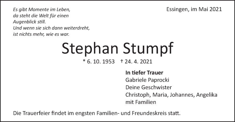  Traueranzeige für Stephan Stumpf vom 05.05.2021 aus Schwäbische Post