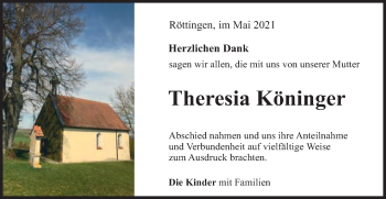 Traueranzeige von Theresia Köninger von Schwäbische Post