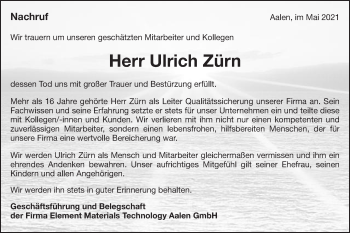 Traueranzeige von Ulrich Zürn von Schwäbische Post