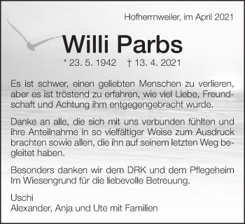Traueranzeige von Willi Parbs von Schwäbische Post