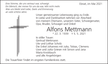 Traueranzeige von Alfons Mettmann von Schwäbische Post