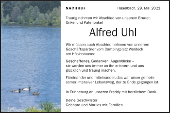 Traueranzeige von Alfred Uhl von Schwäbische Post