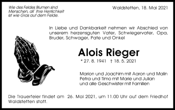 Traueranzeige von Alois Rieger von Gmünder Tagespost