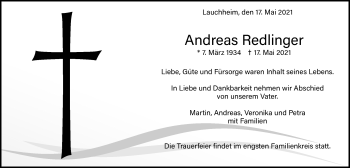 Traueranzeige von Andreas Redlinger von Schwäbische Post