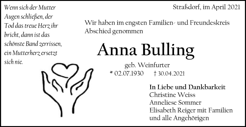  Traueranzeige für Anna Bulling vom 15.05.2021 aus Gmünder Tagespost