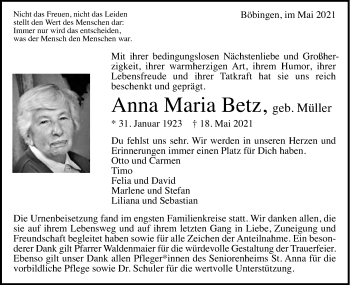 Traueranzeige von Anna Maria Betz von Gmünder Tagespost