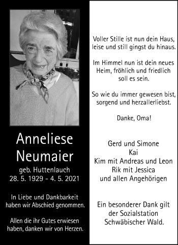 Traueranzeige von Anneliese Neumaier von Gmünder Tagespost