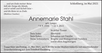 Traueranzeige von Annemarie Stahl von Schwäbische Post