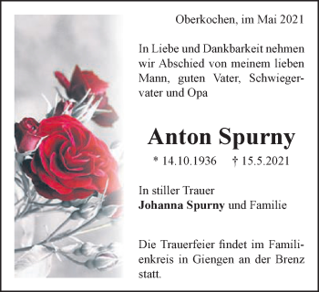 Traueranzeige von Anton Spurny von Amtsblatt_Oko