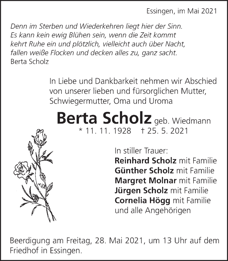 Traueranzeige für Berta Scholz vom 27.05.2021 aus Schwäbische Post