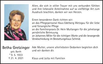 Traueranzeige von Betha Gretzinger von Gmünder Tagespost