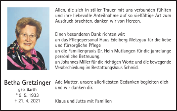 Traueranzeige von Betha Gretzinger