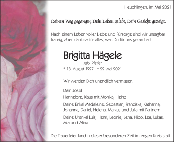 Traueranzeige von Brigitta Hägele von Gmünder Tagespost