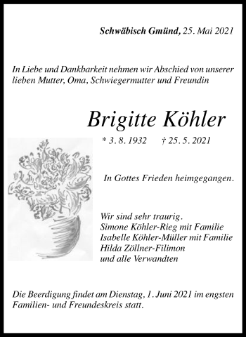 Traueranzeige von Brigitte Köhler von Gmünder Tagespost