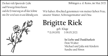 Traueranzeige von Brigitte Riek von Gmünder Tagespost