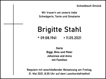 Traueranzeige von Brigitte Stahl von Gmünder Tagespost