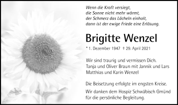 Traueranzeige von Brigitte Wenzel von Gmünder Tagespost