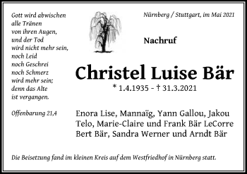 Traueranzeige von Christel Luise Bär von Schwäbische Post