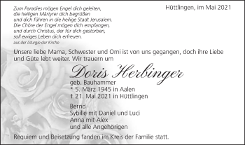 Traueranzeige von Doris Herbinger von Schwäbische Post