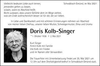 Traueranzeige von Doris Kolb-Singer von Gmünder Tagespost