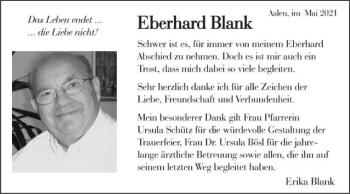 Traueranzeige von Eberhard Blank von Schwäbische Post