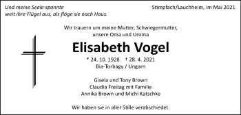 Traueranzeige von Elisabeth Vogel von Schwäbische Post
