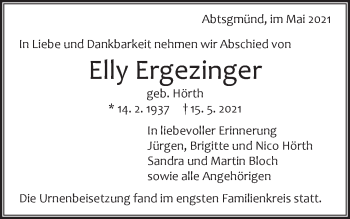 Traueranzeige von Elly Ergezinger von Schwäbische Post