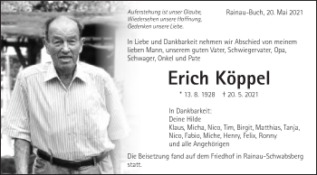 Traueranzeige von Erich Köppel von Schwäbische Post