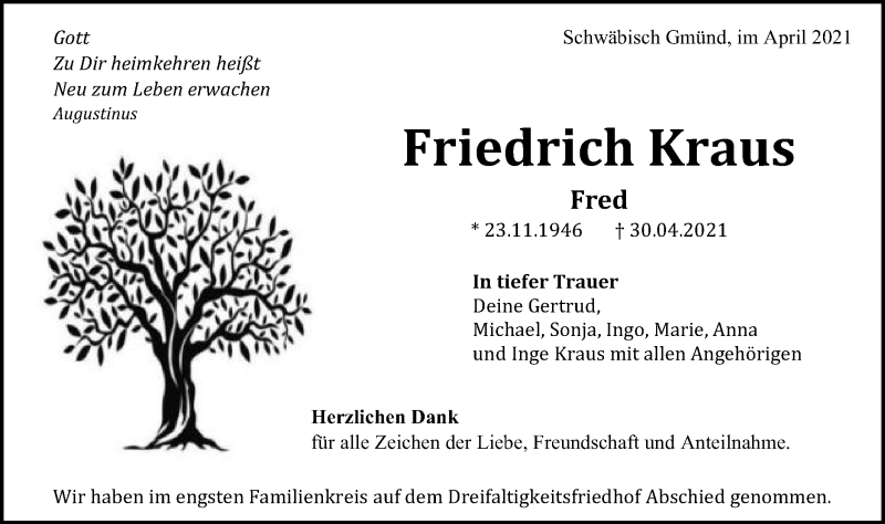  Traueranzeige für Friedrich Kraus vom 12.05.2021 aus Gmünder Tagespost