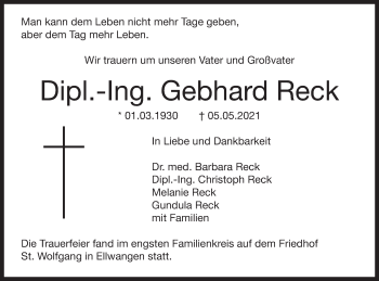 Traueranzeige von Gebhard Reck von Schwäbische Post