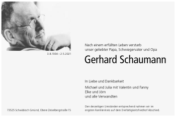 Traueranzeige von Gerhard Schaumann von Gmünder Tagespost