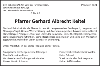 Traueranzeige von Gerhard Albrecht Keitel von Schwäbische Post